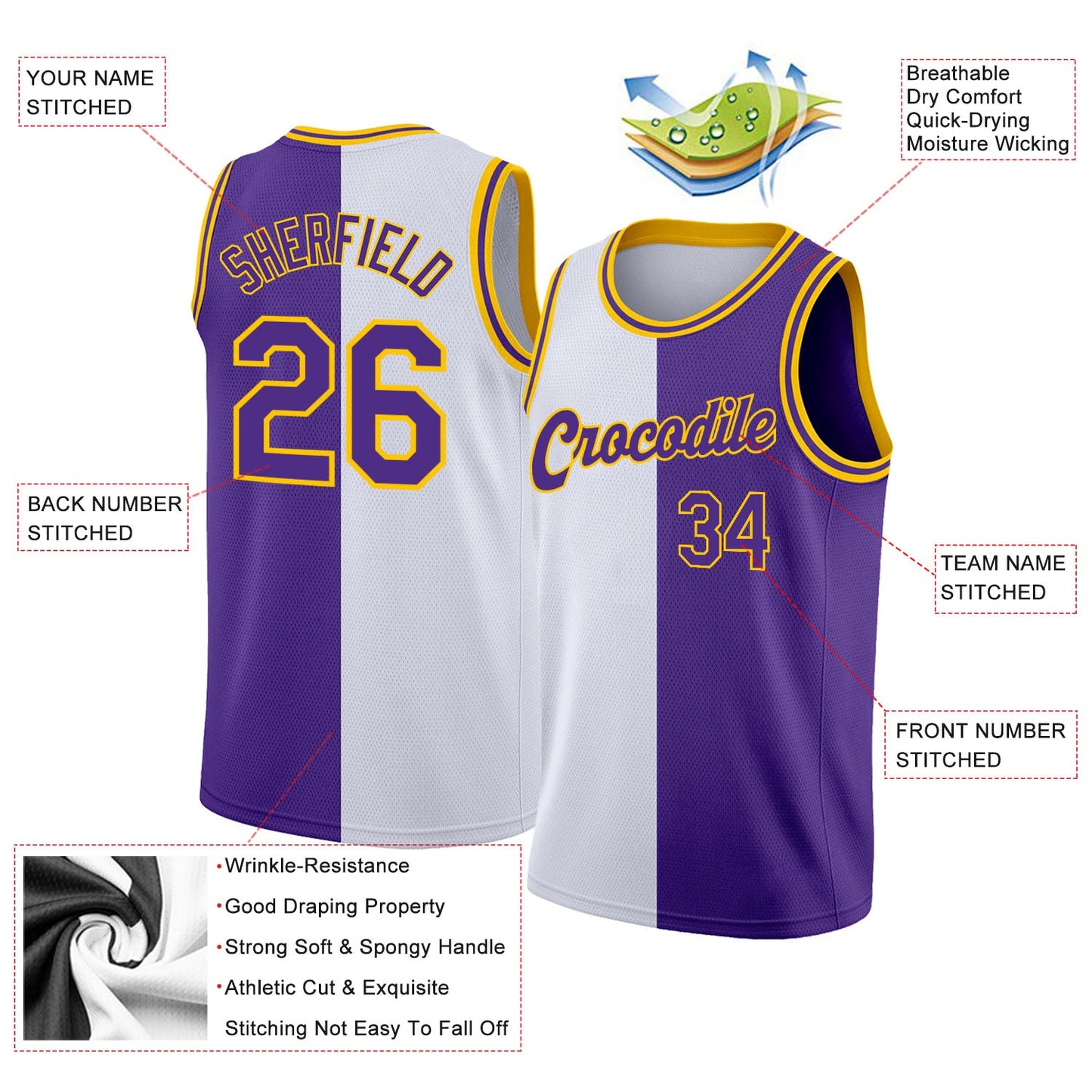 Custom White Purple-Gold Authentic Split Fashion Basketball Jersey view 2