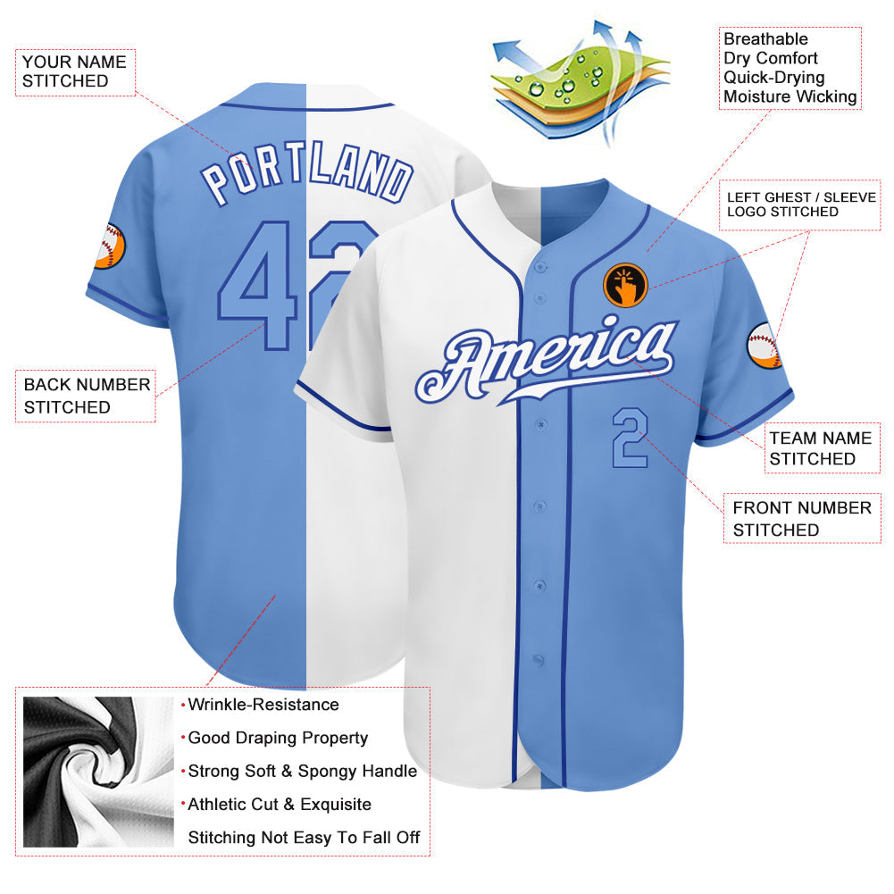 Custom White Light Blue-Royal Authentic Split Fashion Baseball Jersey view 3