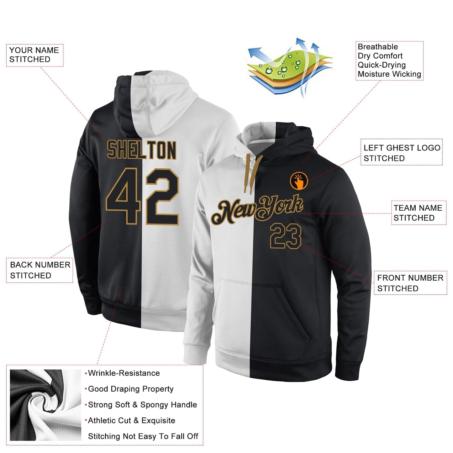 Custom Stitched White Black-Old Gold Split Fashion Sports Pullover Sweatshirt Hoodie view 4