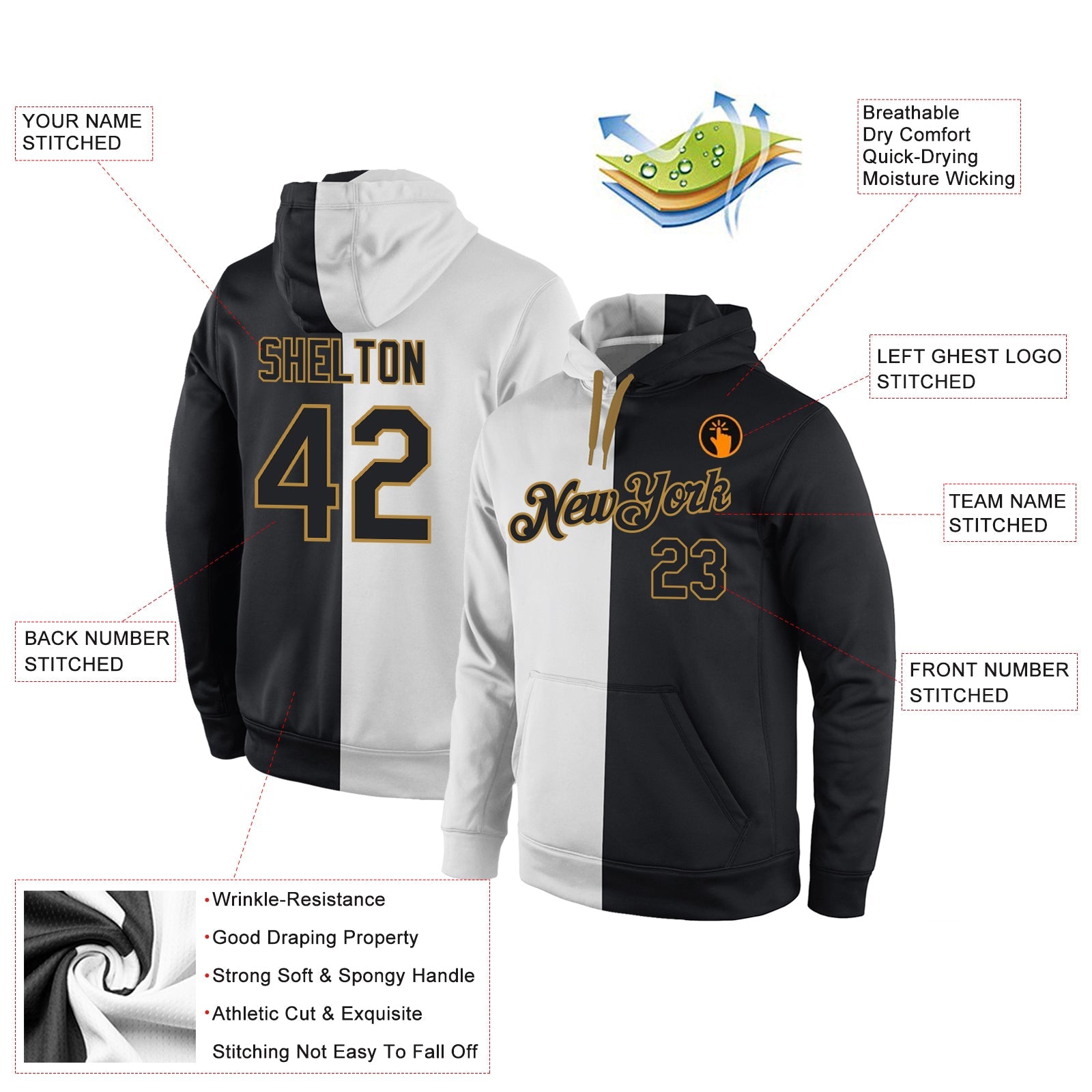 Custom Stitched White Black-Old Gold Split Fashion Sports Pullover Sweatshirt Hoodie view 4