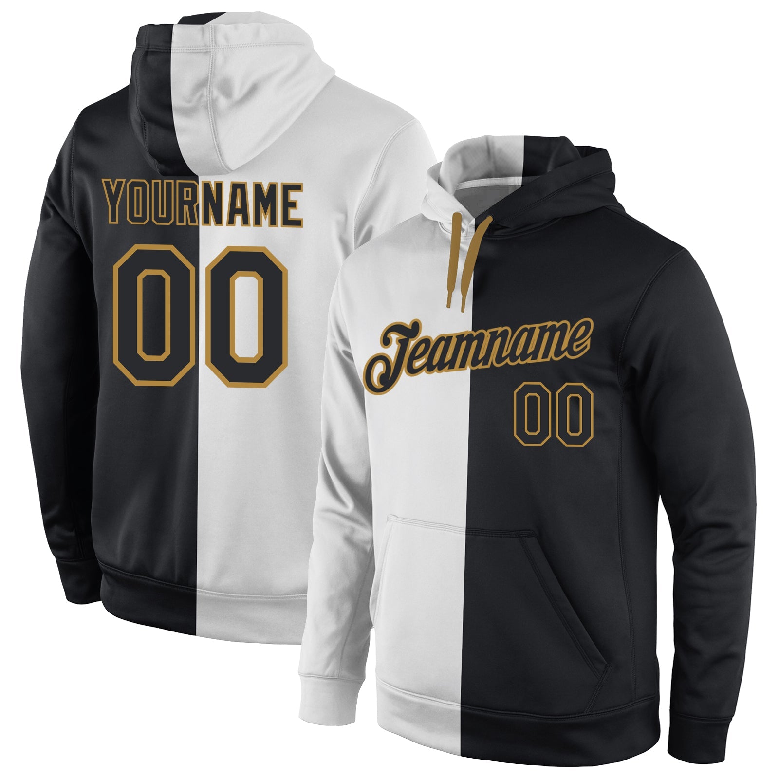 Custom Stitched White Black-Old Gold Split Fashion Sports Pullover Sweatshirt Hoodie - Main View