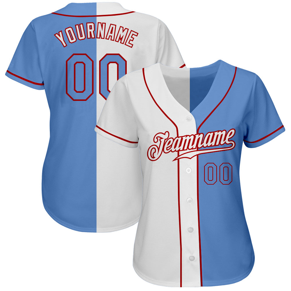 Custom White Light Blue-Red Authentic Split Fashion Baseball Jersey view 2