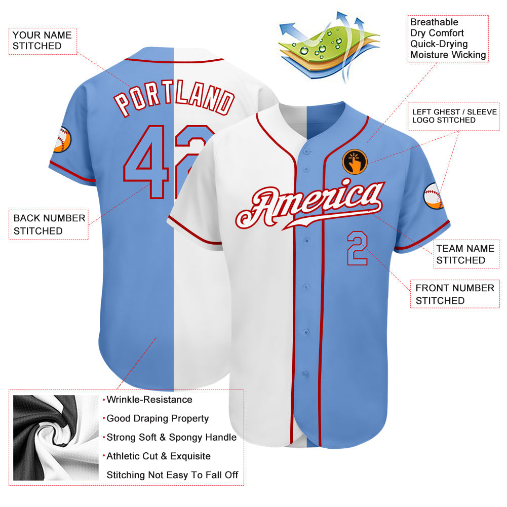 Custom White Light Blue-Red Authentic Split Fashion Baseball Jersey view 3