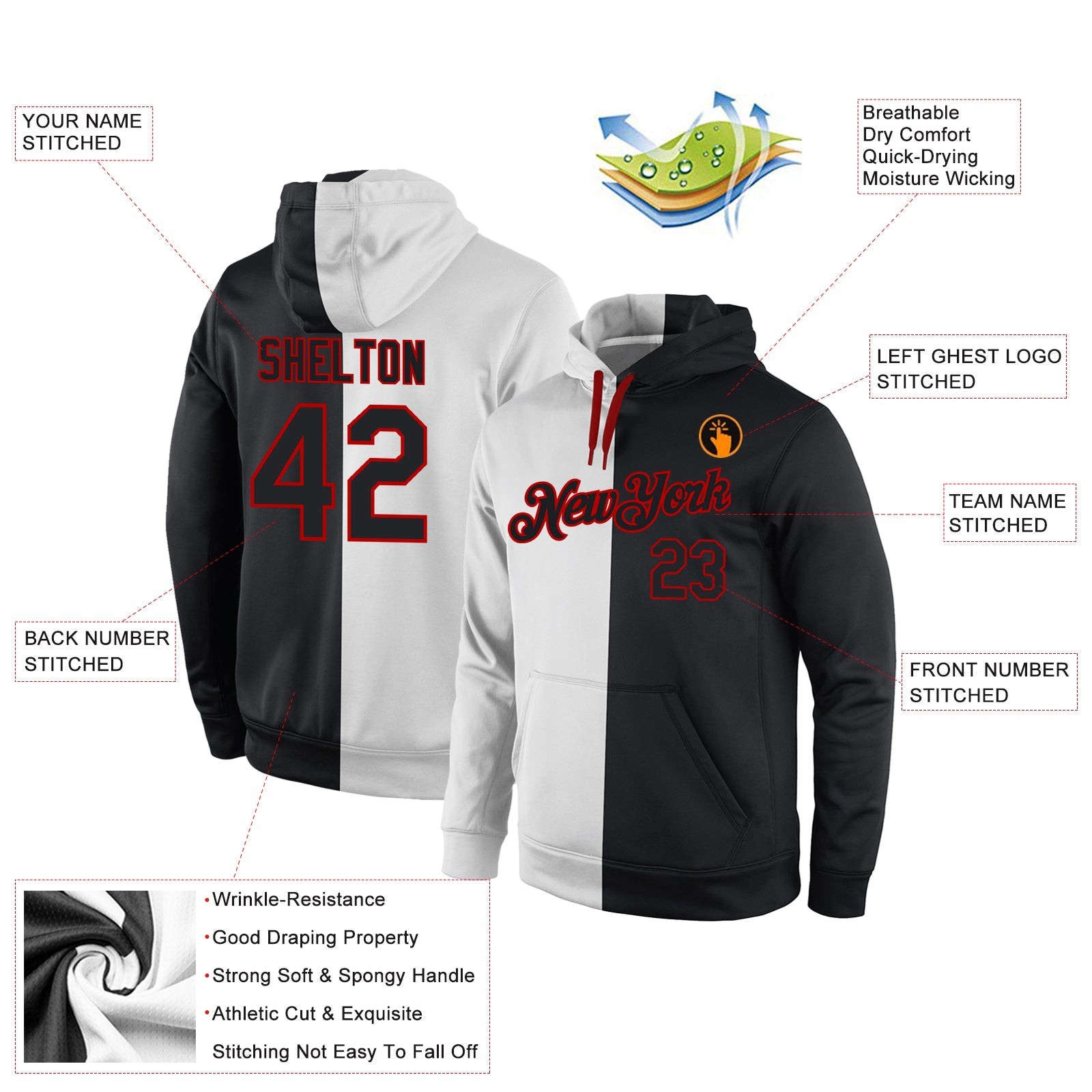 Custom Stitched White Black-Red Split Fashion Sports Pullover Sweatshirt Hoodie view 4