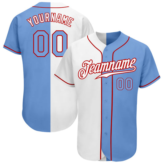 Custom White Light Blue-Red Authentic Split Fashion Baseball Jersey - Main View