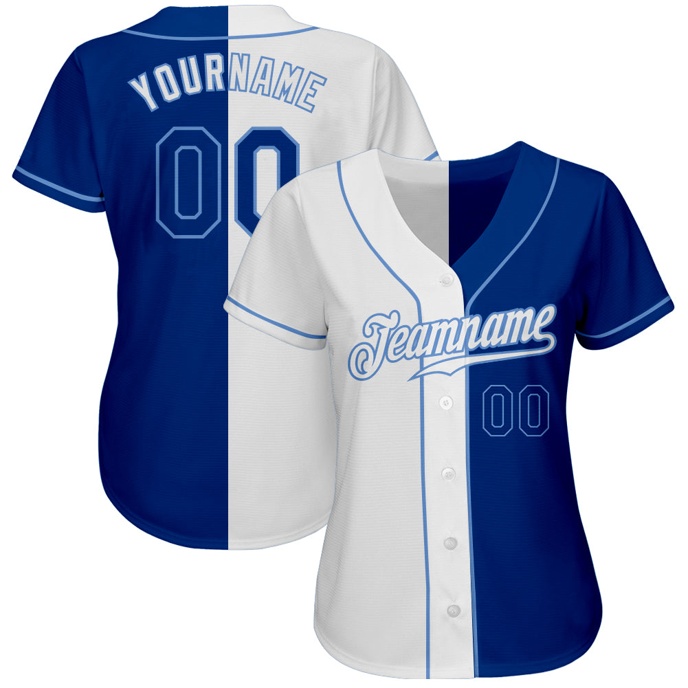 Custom White Royal-Light Blue Authentic Split Fashion Baseball Jersey view 2