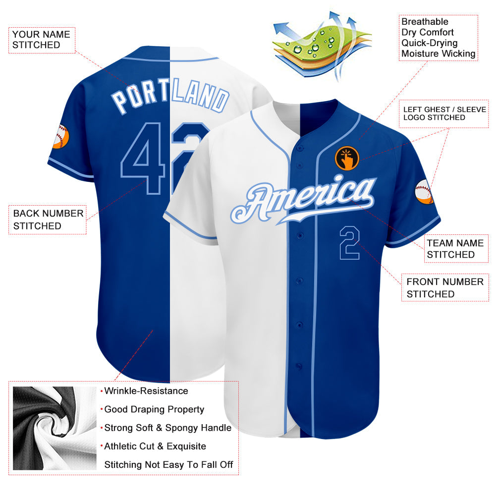 Custom White Royal-Light Blue Authentic Split Fashion Baseball Jersey view 3