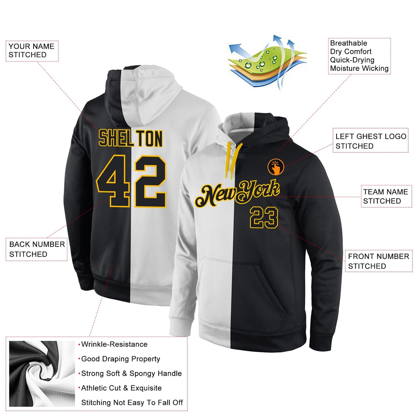 Custom Stitched White Black-Gold Split Fashion Sports Pullover Sweatshirt Hoodie view 4