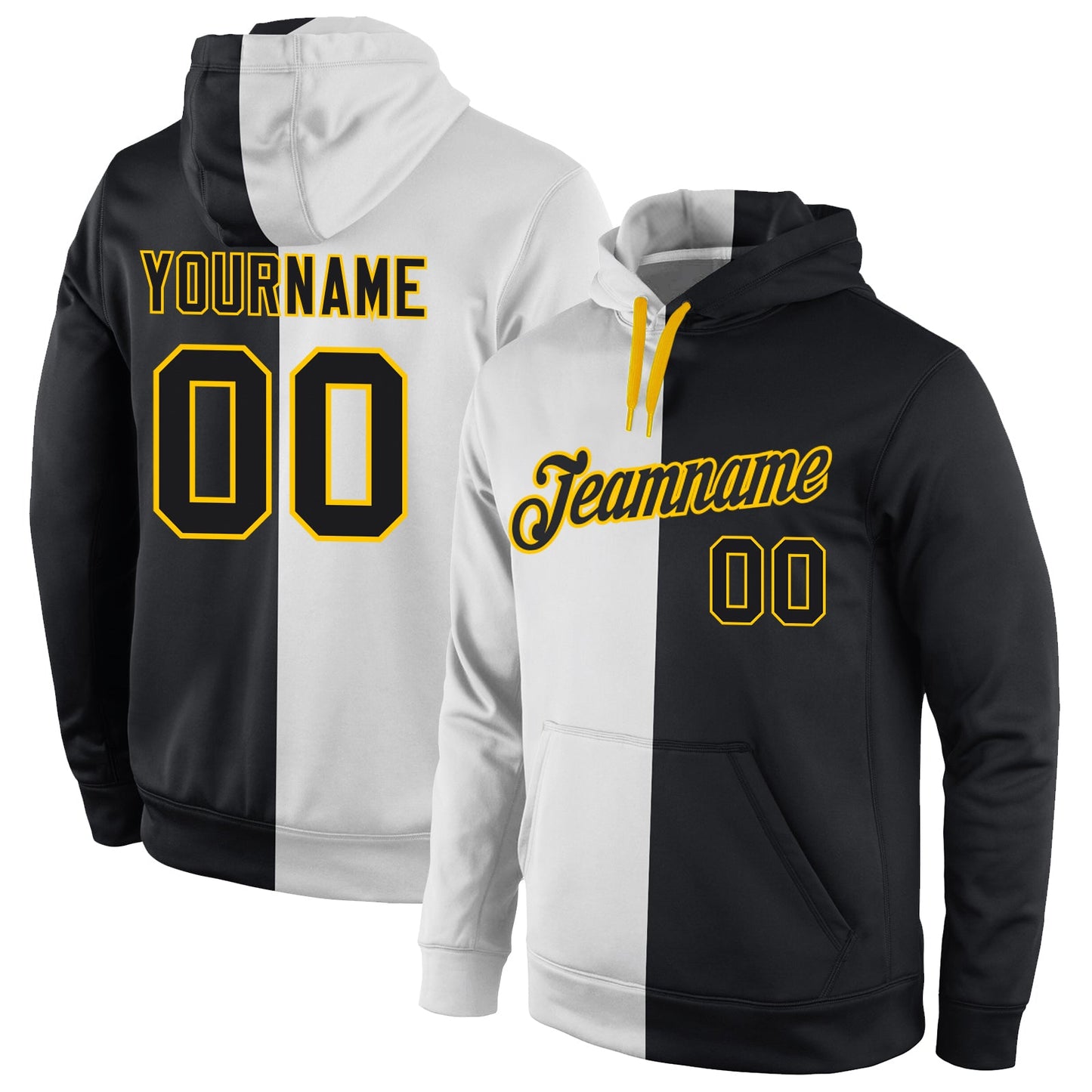 Custom Stitched White Black-Gold Split Fashion Sports Pullover Sweatshirt Hoodie - Main View