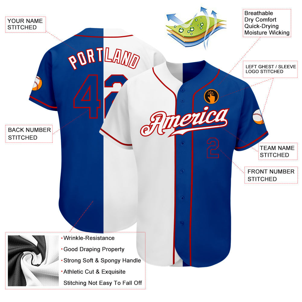 Custom White Royal-Red Authentic Split Fashion Baseball Jersey view 3