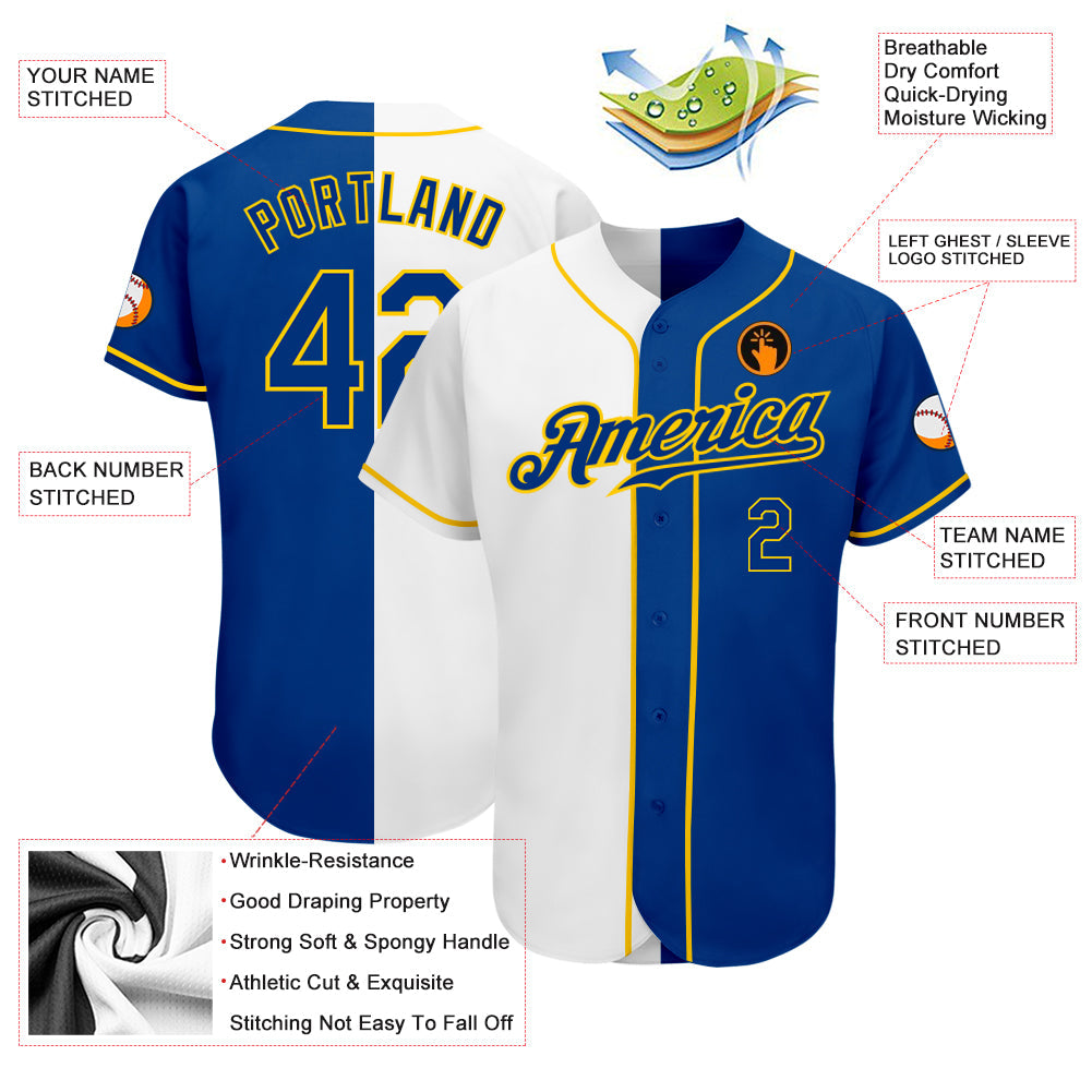 Custom White Royal-Gold Authentic Split Fashion Baseball Jersey view 3