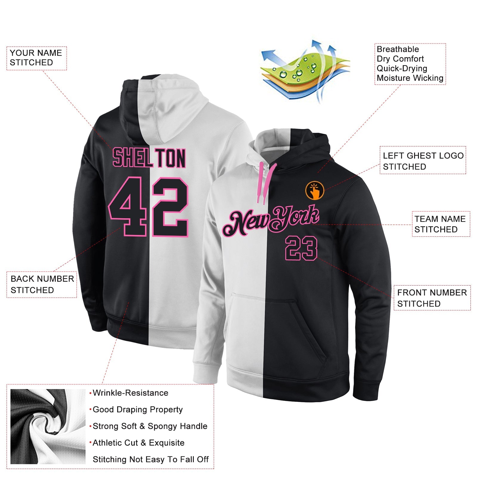 Custom Stitched White Black-Pink Split Fashion Sports Pullover Sweatshirt Hoodie view 4