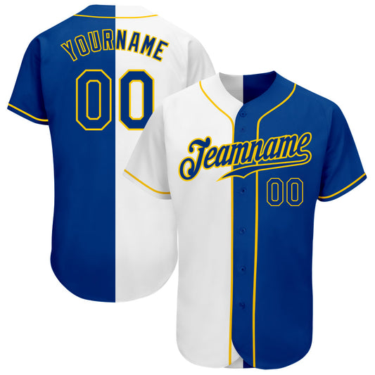 Custom White Royal-Gold Authentic Split Fashion Baseball Jersey - Main View