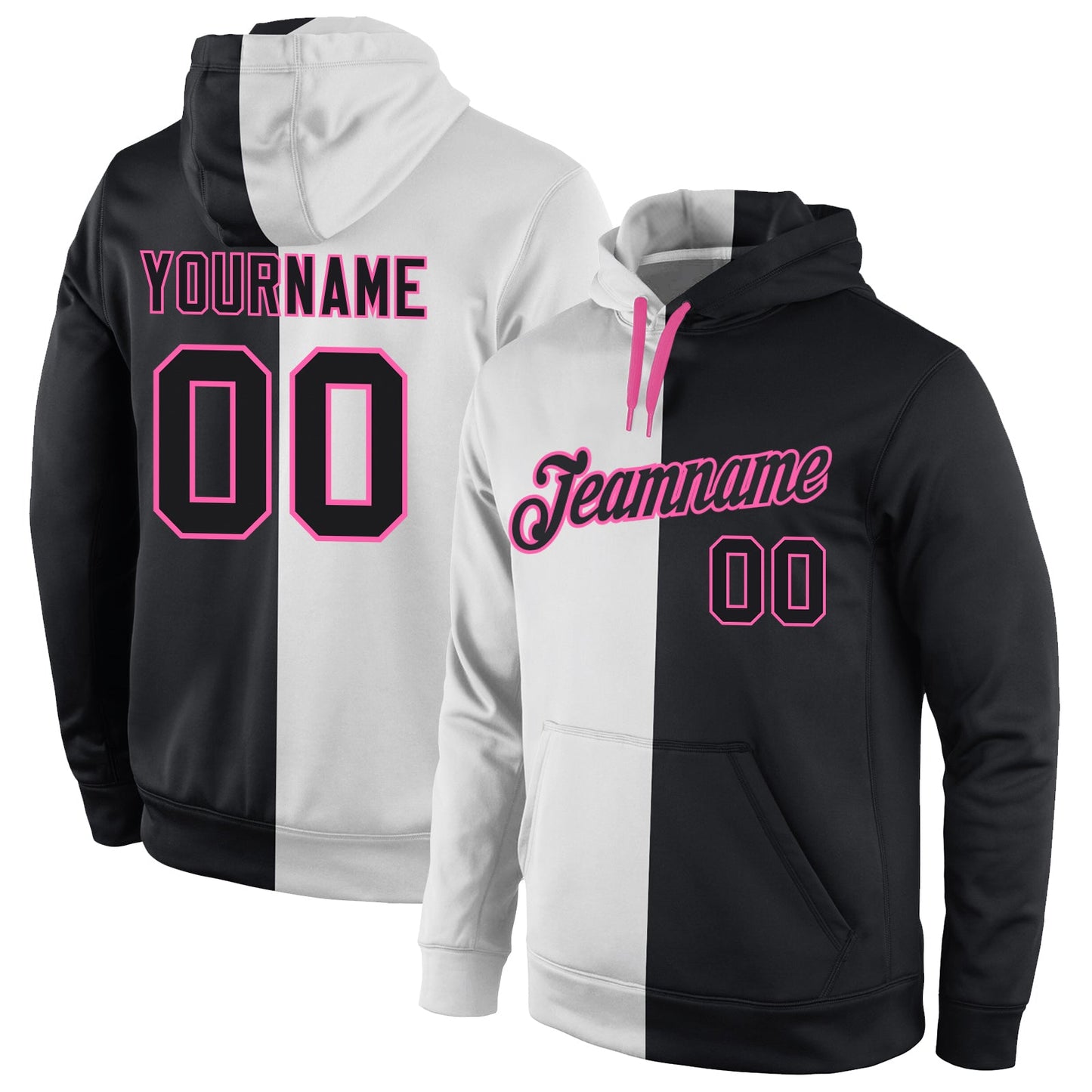 Custom Stitched White Black-Pink Split Fashion Sports Pullover Sweatshirt Hoodie - Main View