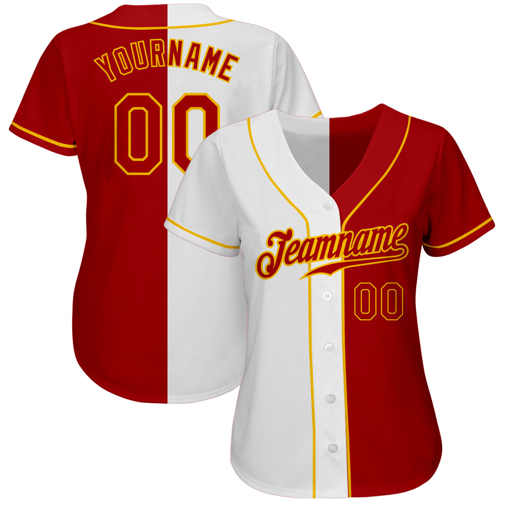 Custom White Red-Gold Authentic Split Fashion Baseball Jersey view 2