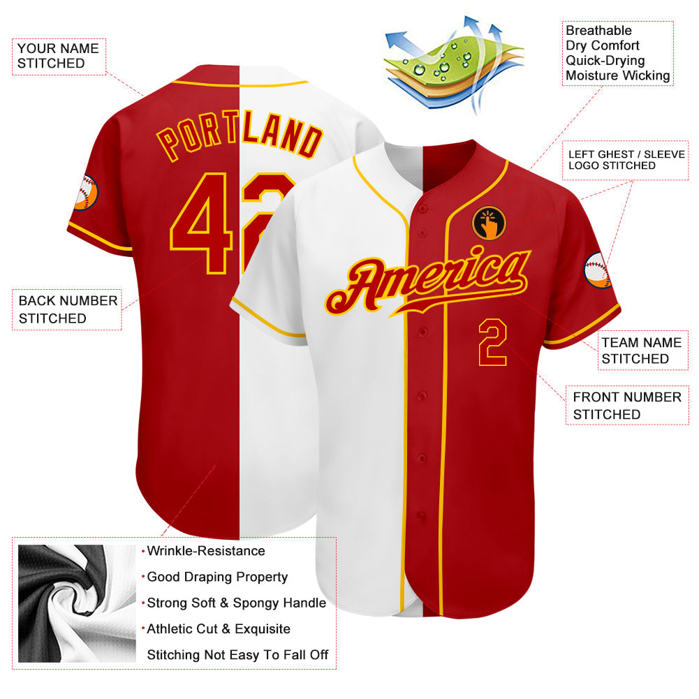 Custom White Red-Gold Authentic Split Fashion Baseball Jersey view 3