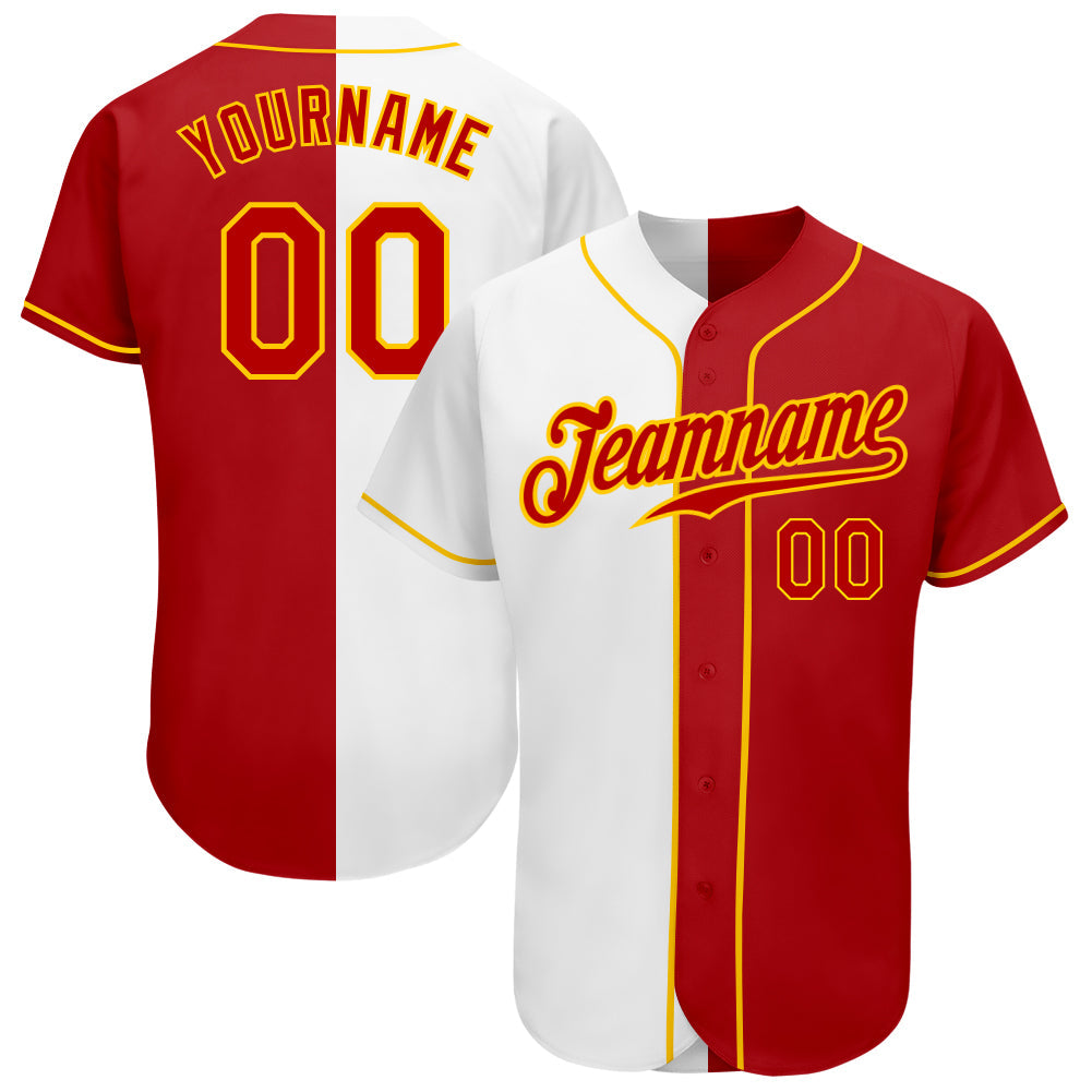 Custom White Red-Gold Authentic Split Fashion Baseball Jersey - Main View