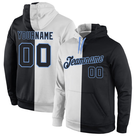 Custom Stitched White Black-Light Blue Split Fashion Sports Pullover Sweatshirt Hoodie - Main View