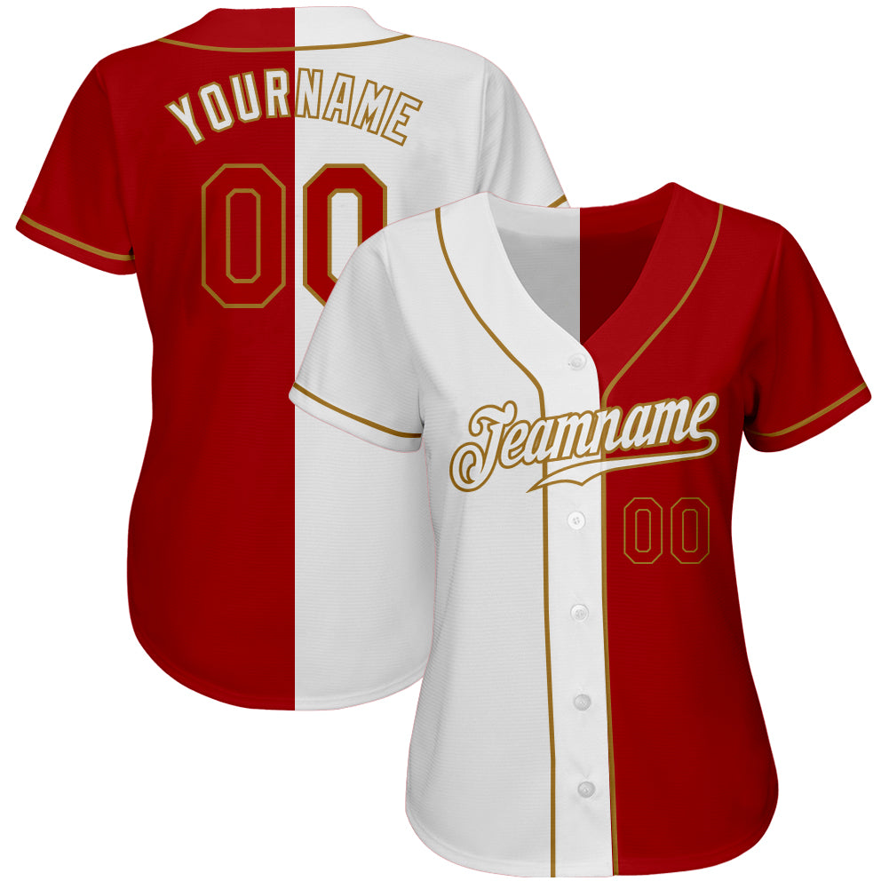 Custom White Red-Old Gold Authentic Split Fashion Baseball Jersey view 2