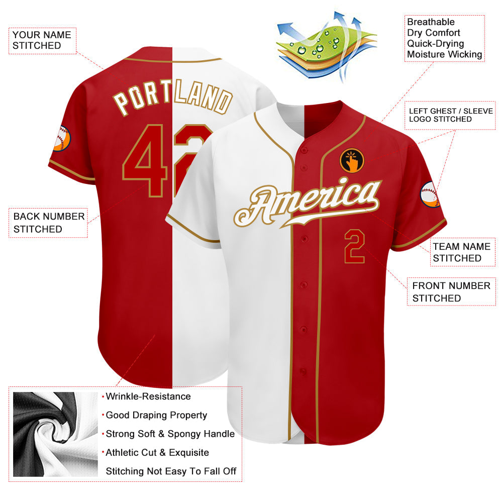 Custom White Red-Old Gold Authentic Split Fashion Baseball Jersey view 3