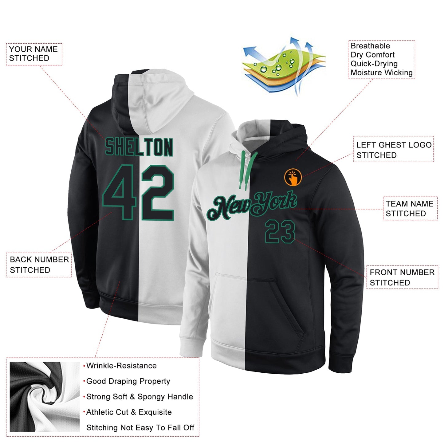 Custom Stitched White Black-Kelly Green Split Fashion Sports Pullover Sweatshirt Hoodie view 4