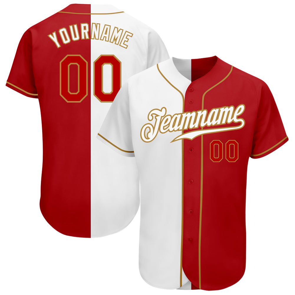 Custom White Red-Old Gold Authentic Split Fashion Baseball Jersey - Main View