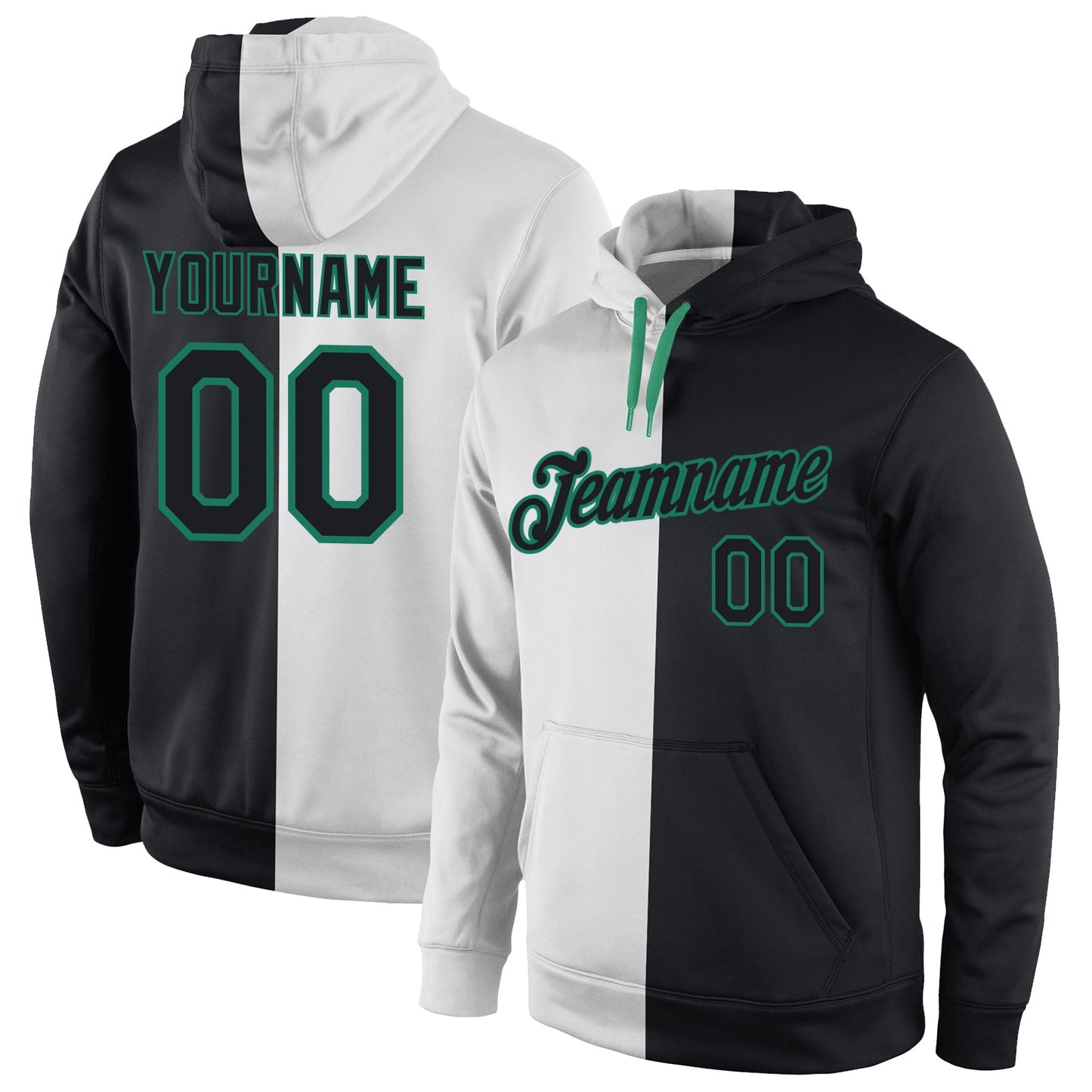 Custom Stitched White Black-Kelly Green Split Fashion Sports Pullover Sweatshirt Hoodie - Main View