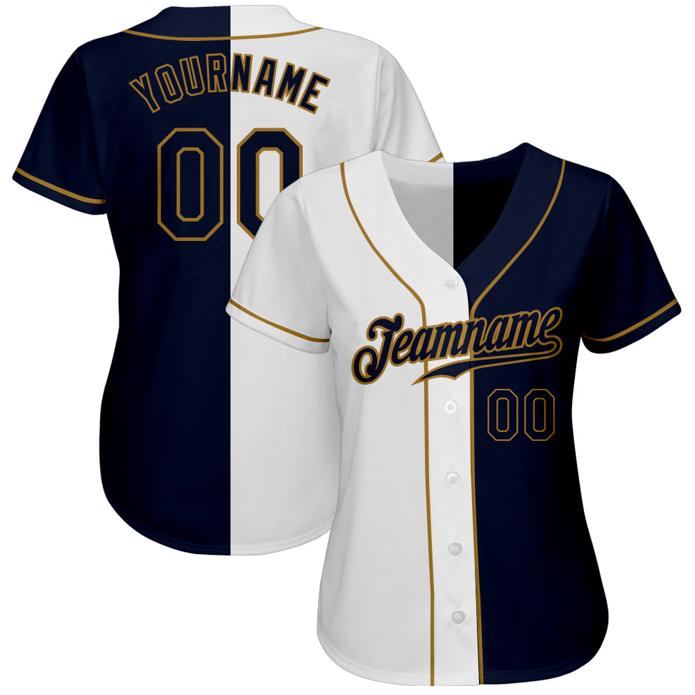 Custom White Navy-Old Gold Authentic Split Fashion Baseball Jersey view 3
