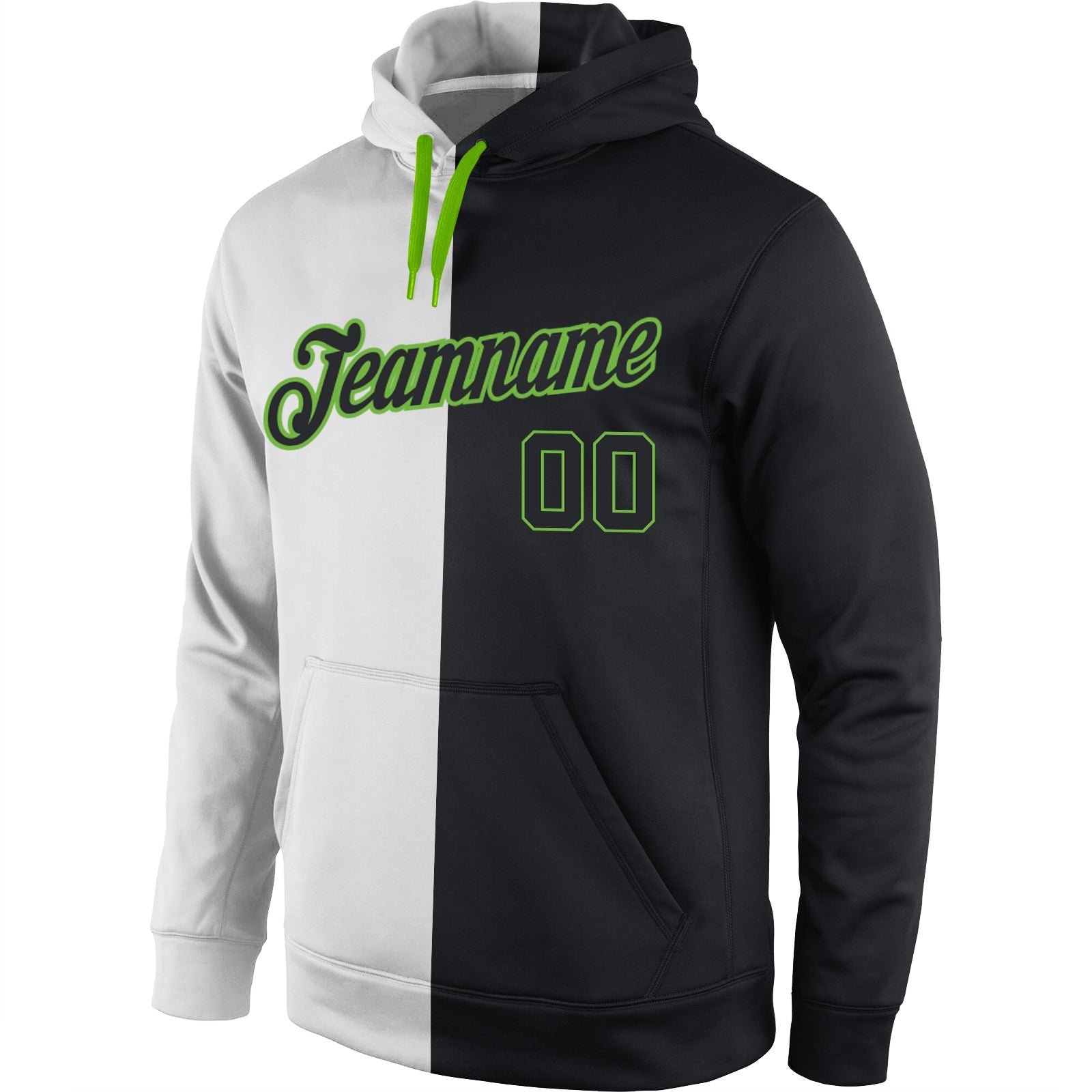Custom Stitched White Black-Neon Green Split Fashion Sports Pullover Sweatshirt Hoodie view 2