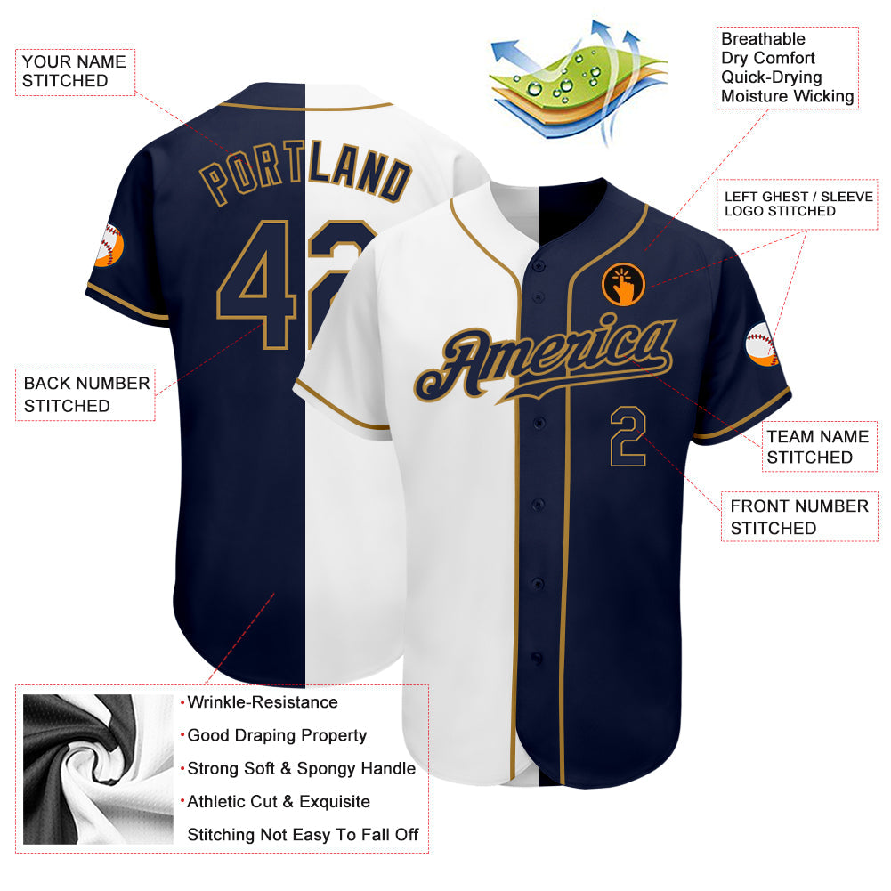 Custom White Navy-Old Gold Authentic Split Fashion Baseball Jersey view 4