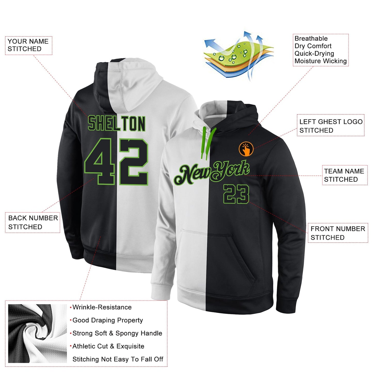 Custom Stitched White Black-Neon Green Split Fashion Sports Pullover Sweatshirt Hoodie view 4