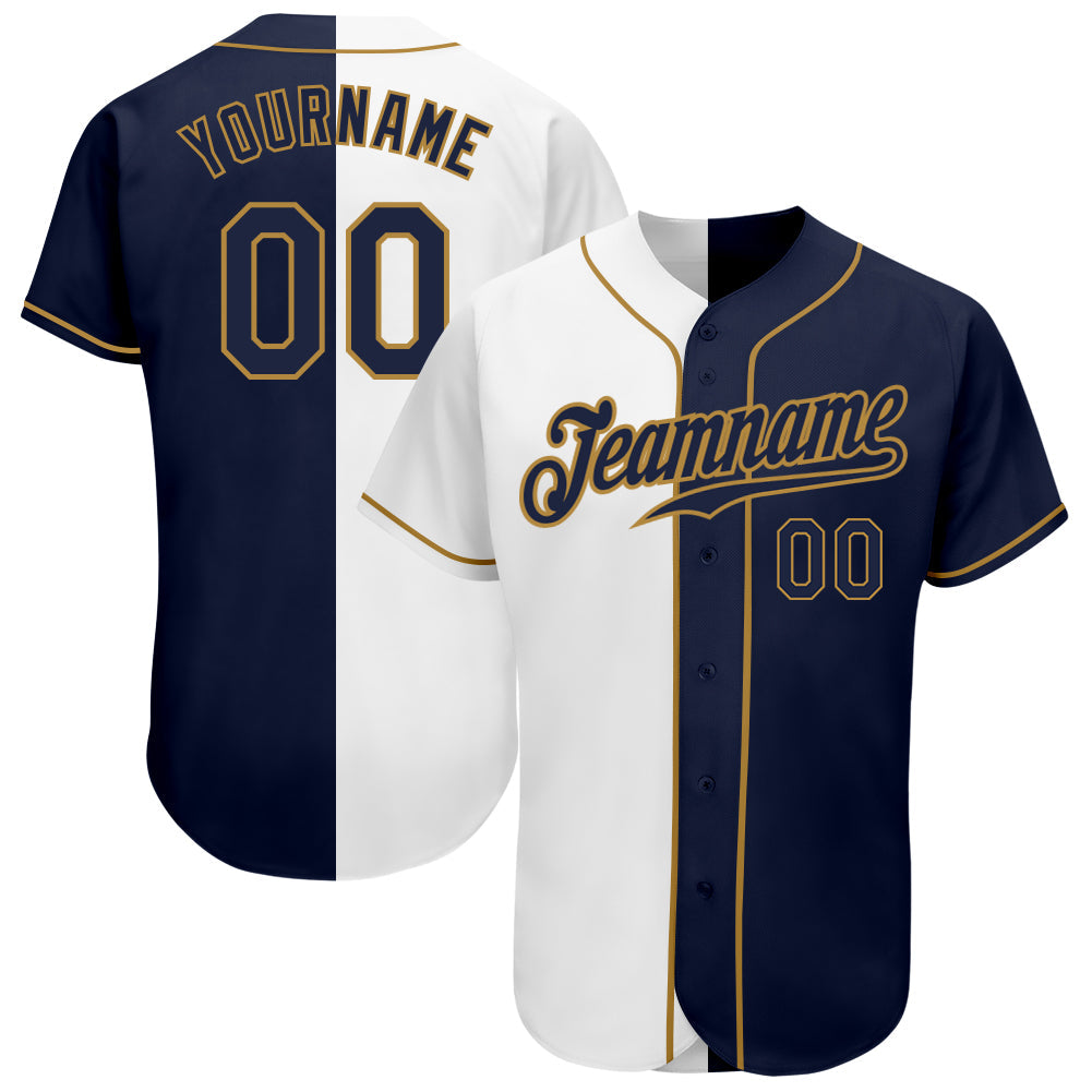 Custom White Navy-Old Gold Authentic Split Fashion Baseball Jersey - Main View