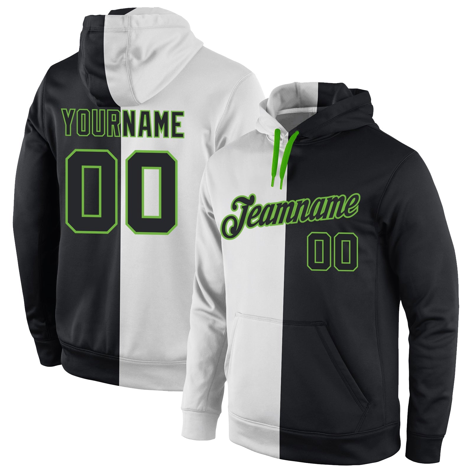 Custom Stitched White Black-Neon Green Split Fashion Sports Pullover Sweatshirt Hoodie - Main View