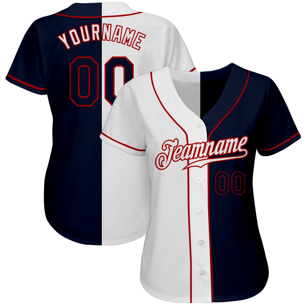 Custom White Navy-Red Authentic Split Fashion Baseball Jersey view 2