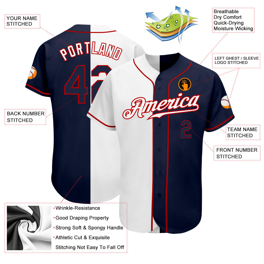 Custom White Navy-Red Authentic Split Fashion Baseball Jersey view 3