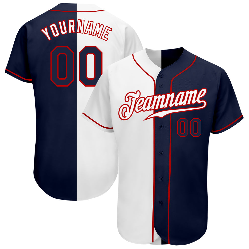 Custom White Navy-Red Authentic Split Fashion Baseball Jersey - Main View