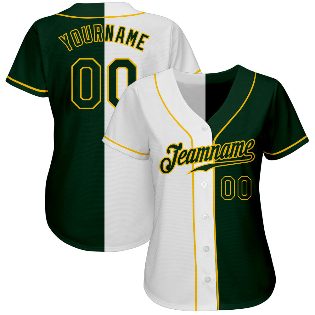 Custom White Green-Gold Authentic Split Fashion Baseball Jersey view 2
