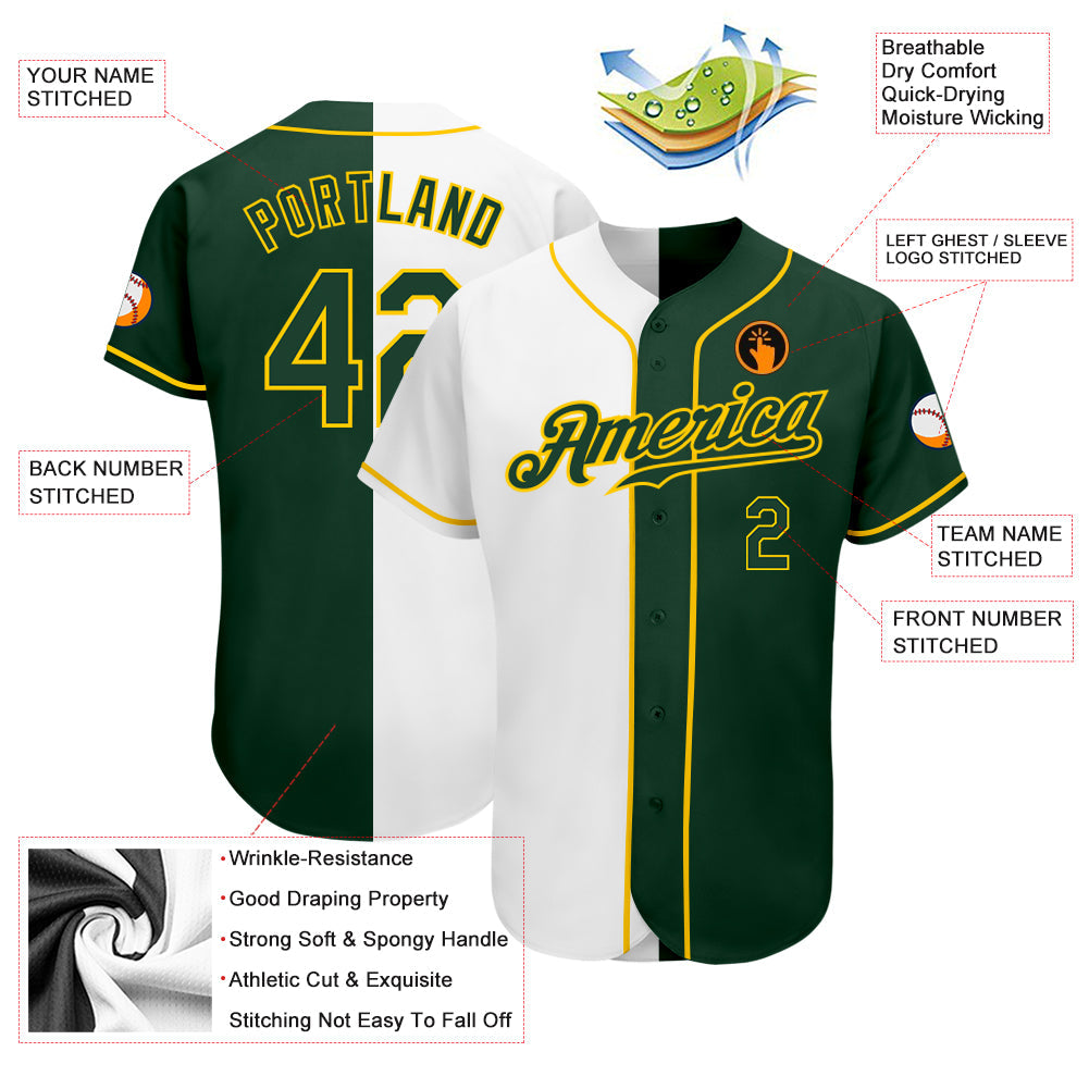Custom White Green-Gold Authentic Split Fashion Baseball Jersey view 3