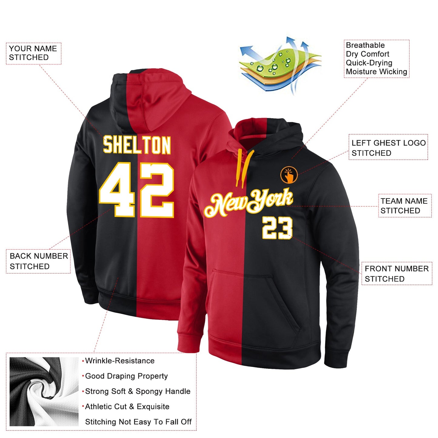 Custom Stitched Red White-Black Split Fashion Sports Pullover Sweatshirt Hoodie view 4