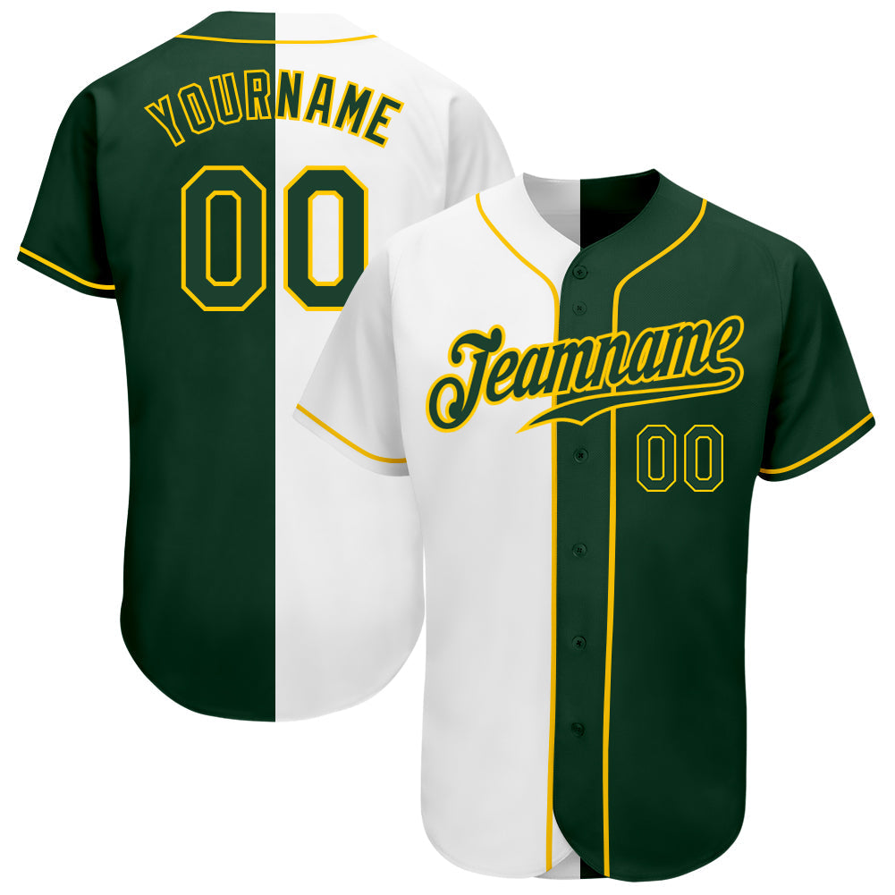 Custom White Green-Gold Authentic Split Fashion Baseball Jersey - Main View
