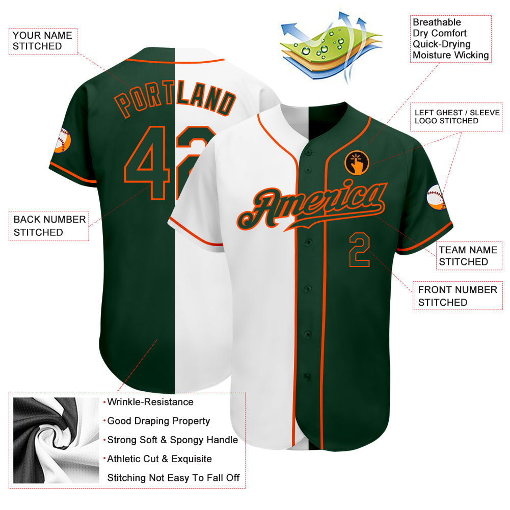 Custom White Green-Orange Authentic Split Fashion Baseball Jersey view 3