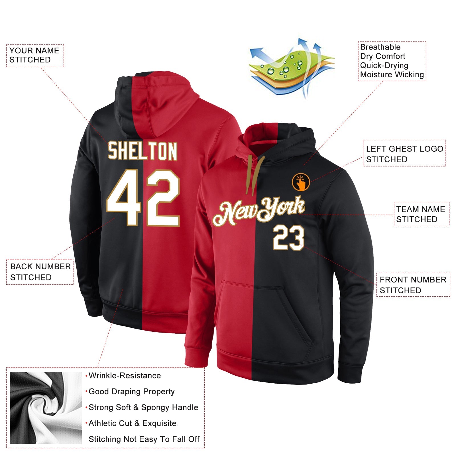 Custom Stitched Red White-Black Split Fashion Sports Pullover Sweatshirt Hoodie view 4