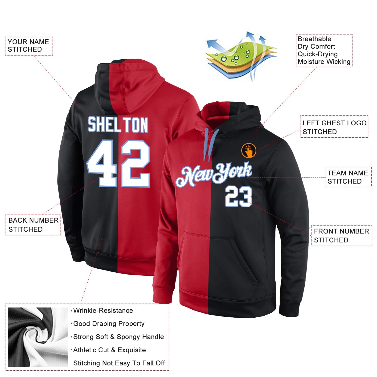 Custom Stitched Red White-Black Split Fashion Sports Pullover Sweatshirt Hoodie view 4