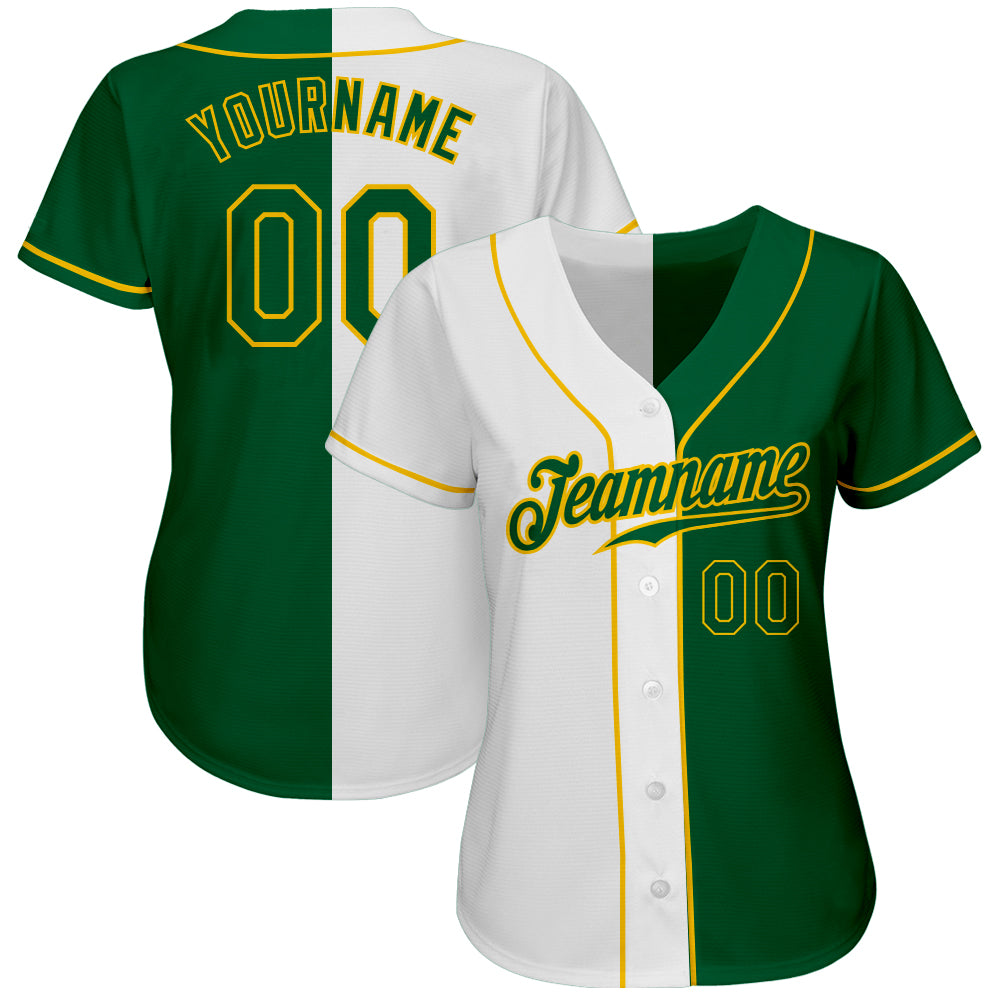 Custom White Kelly Green-Gold Authentic Split Fashion Baseball Jersey view 2