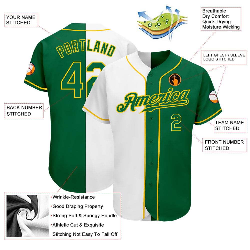 Custom White Kelly Green-Gold Authentic Split Fashion Baseball Jersey view 3