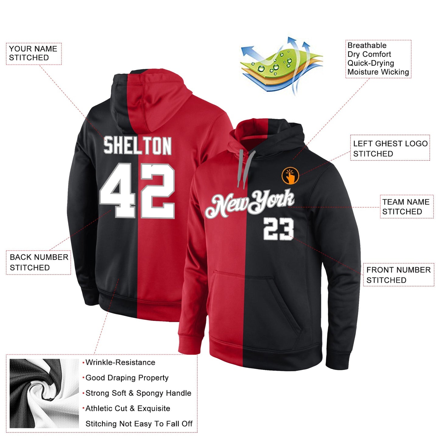 Custom Stitched Red White-Black Split Fashion Sports Pullover Sweatshirt Hoodie view 4