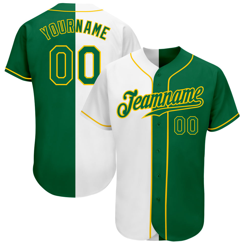 Custom White Kelly Green-Gold Authentic Split Fashion Baseball Jersey - Main View