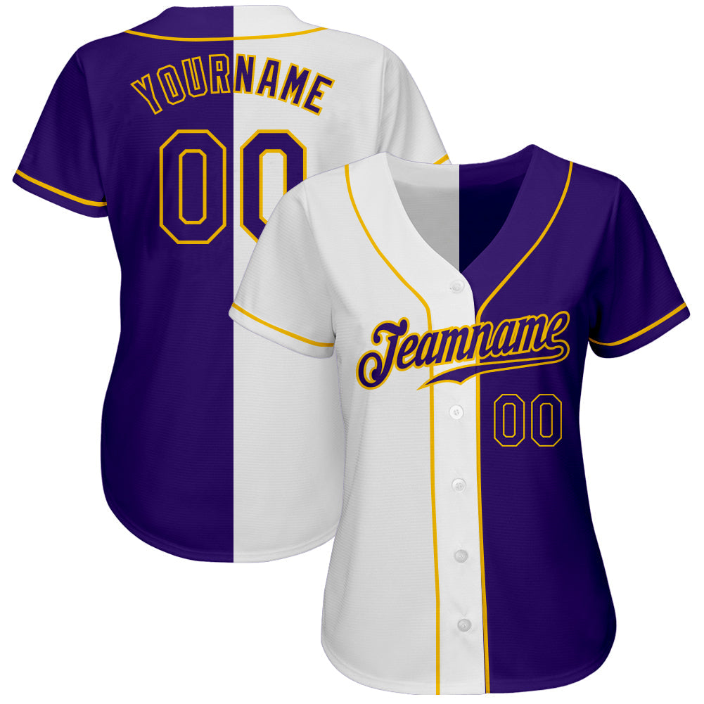 Custom White Purple-Gold Authentic Split Fashion Baseball Jersey view 2
