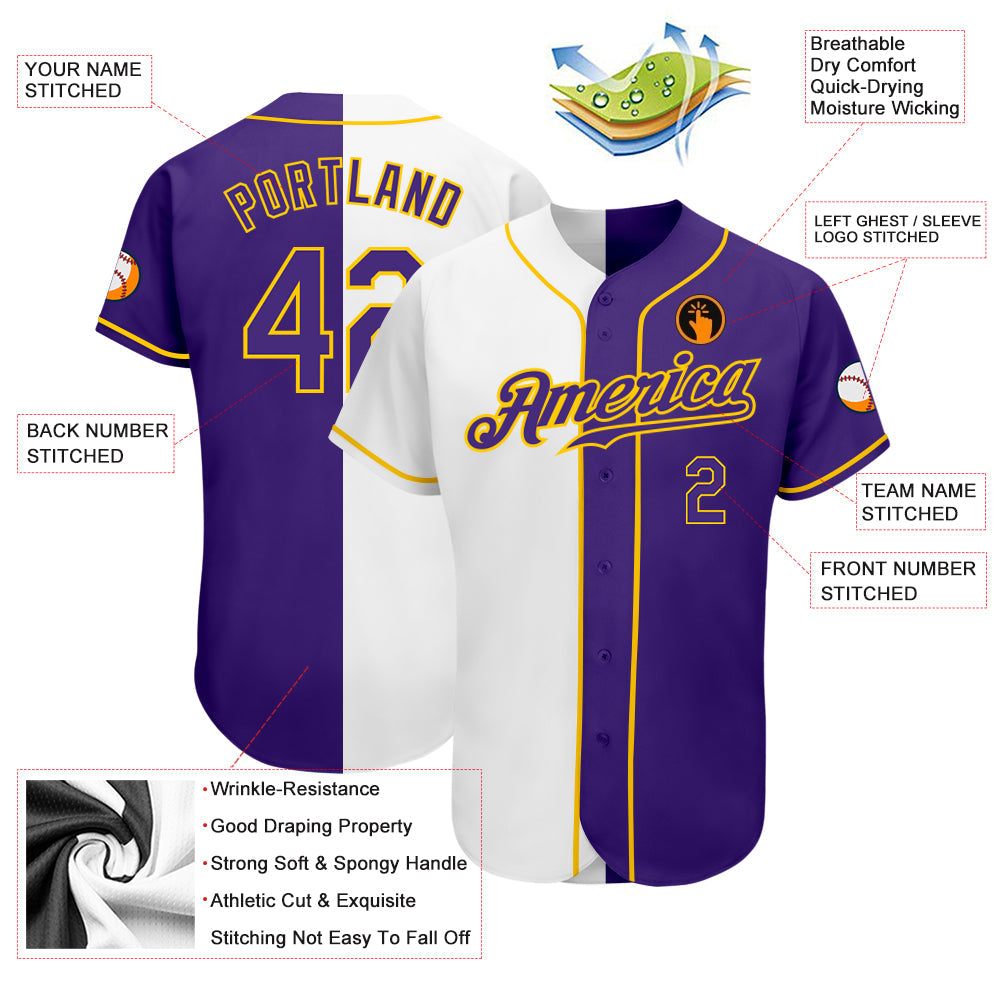 Custom White Purple-Gold Authentic Split Fashion Baseball Jersey view 3