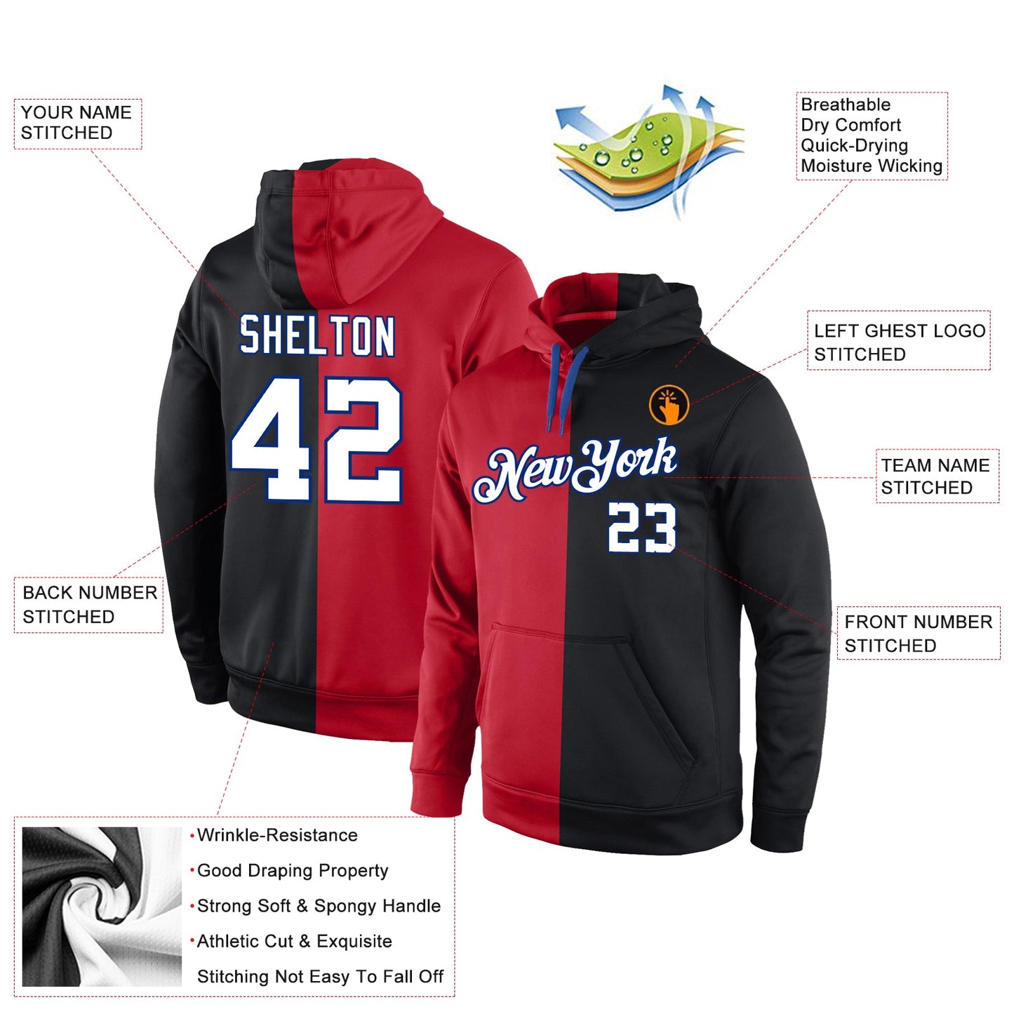 Custom Stitched Red White-Black Split Fashion Sports Pullover Sweatshirt Hoodie view 4